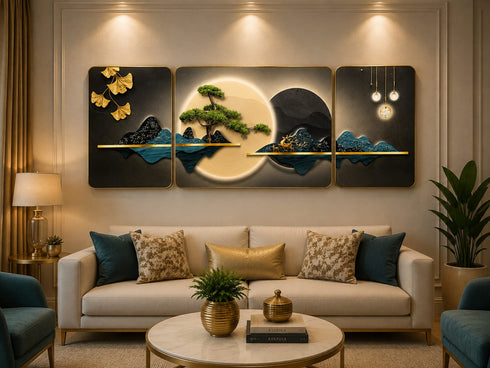 Golden Zen Landscape Crystal Painting- Set of 3