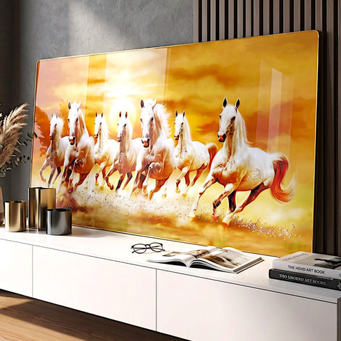 Golden Sunrise Seven Running Horses Crystal Wall Painting