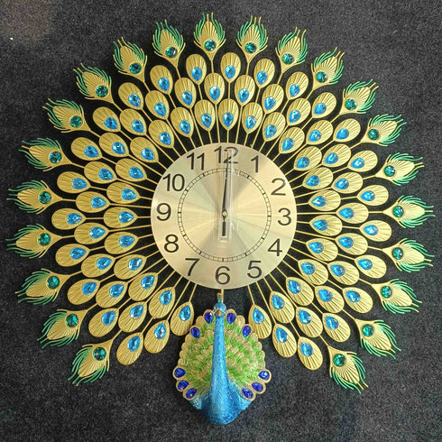 Peacock with feather Wall Clock with blue crystal