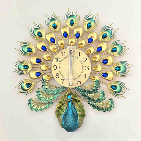 Peacock with feather Wall Clock with golden Dial
