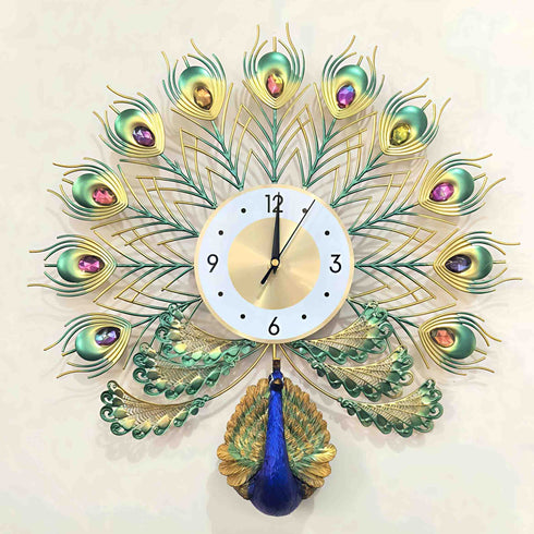 Peacock with feather Wall Clock with white and golden dial