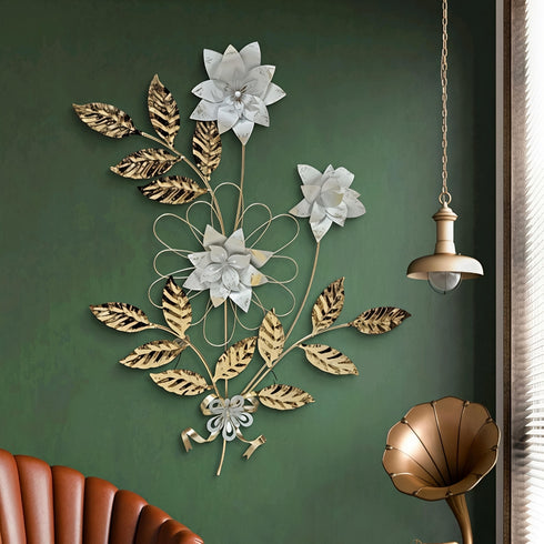Bunch of White flowers with golden leaf metal wall art