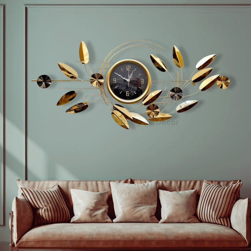 Golden leaf with semi circle wall clock with black dial