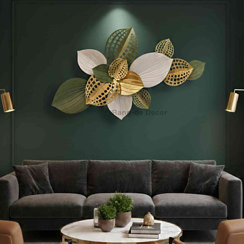 Green, White and Golden Floral Metal Wall Art