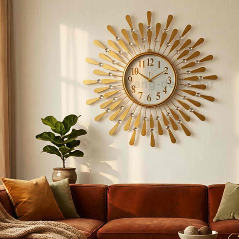 Golden flower with crystal wall clock with white dial