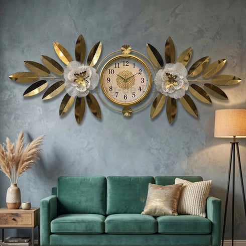 Golden leaf Metal Wall Clock with white Dial