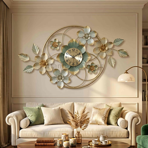 Golden blossom metal wall clock for living room