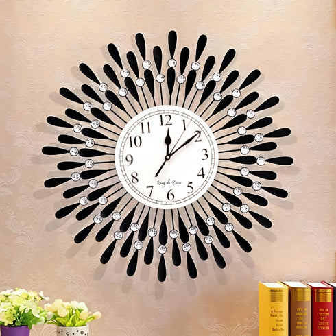 Black flower with crystal wall clock