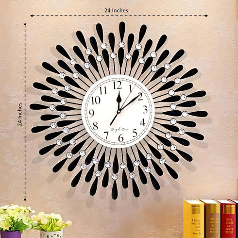 Black flower with crystal wall clock
