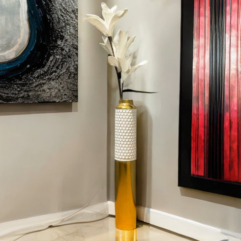 Tall Gold vase with white detail
