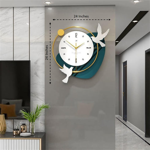 White bird with teal Green colour metal wall clock