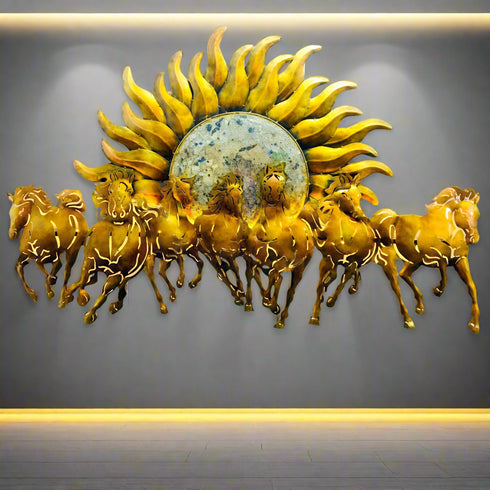 Golden Seven running horse with sun metal wall art- LED
