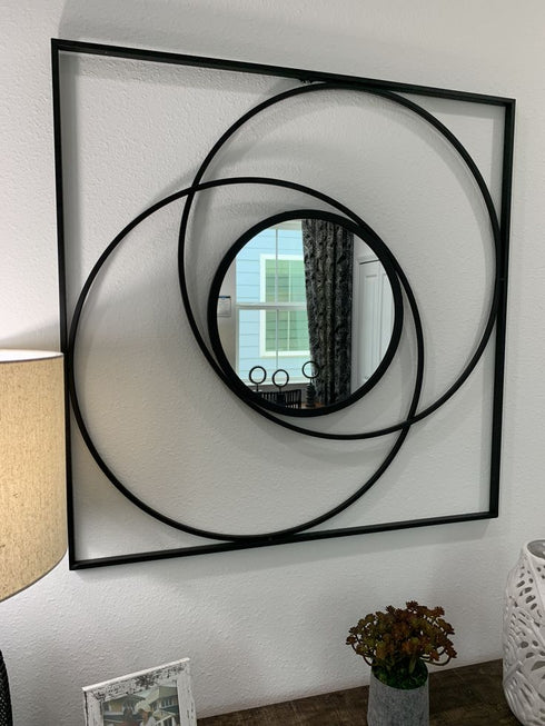 Orbit Geometric Square Metal Wall Mirror – 32-Inch Abstract Interlocking Wire Circle Statement Mirror for Living Room & Entryway