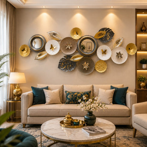 Luxury Metal Wall Art Decor with Mirrors for Living Room & Bedroom