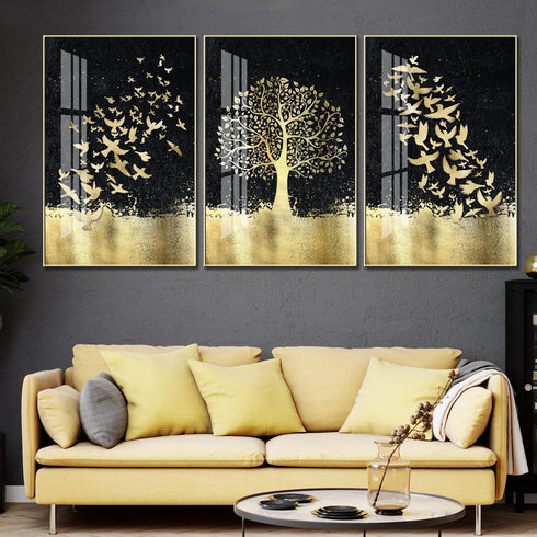 Golden Tree with Butterfly Crystal Painting- Set of 3