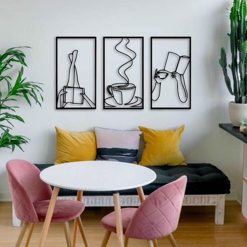 Books and coffee lover laser cut metal wall art- set of 3 frames
