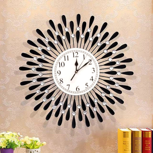 Black flower with crystal wall clock
