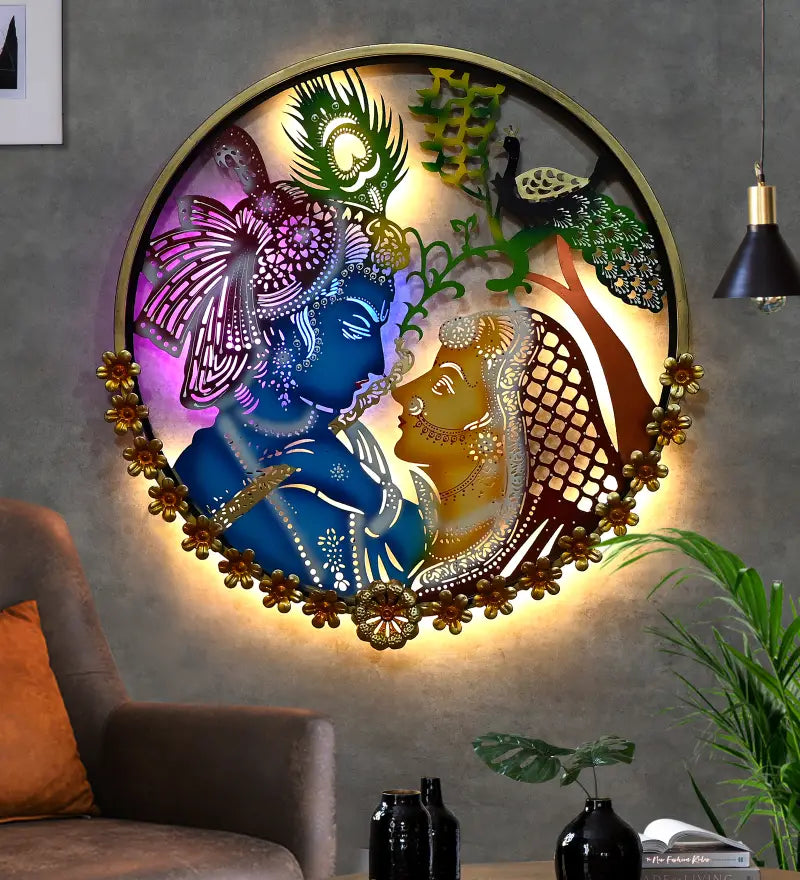 Beautiful Radha Krishna in circular Frame Metal Wall Art with led ...