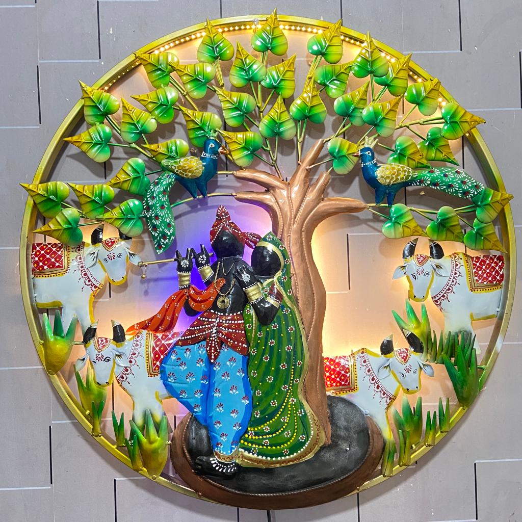 Radha Krishna with cows circular Frame Metal Wall Art with led ...